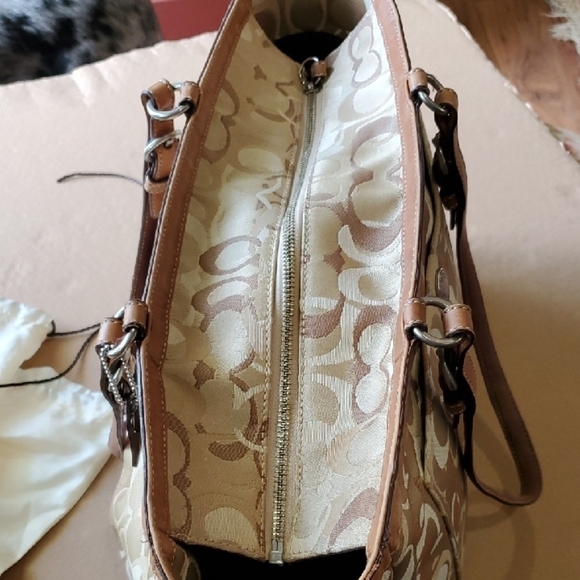 Coach Tan and Brown Diaper Bag 15 X 11.5  Signature Tote With Dust Bag - Picture 11 of 16